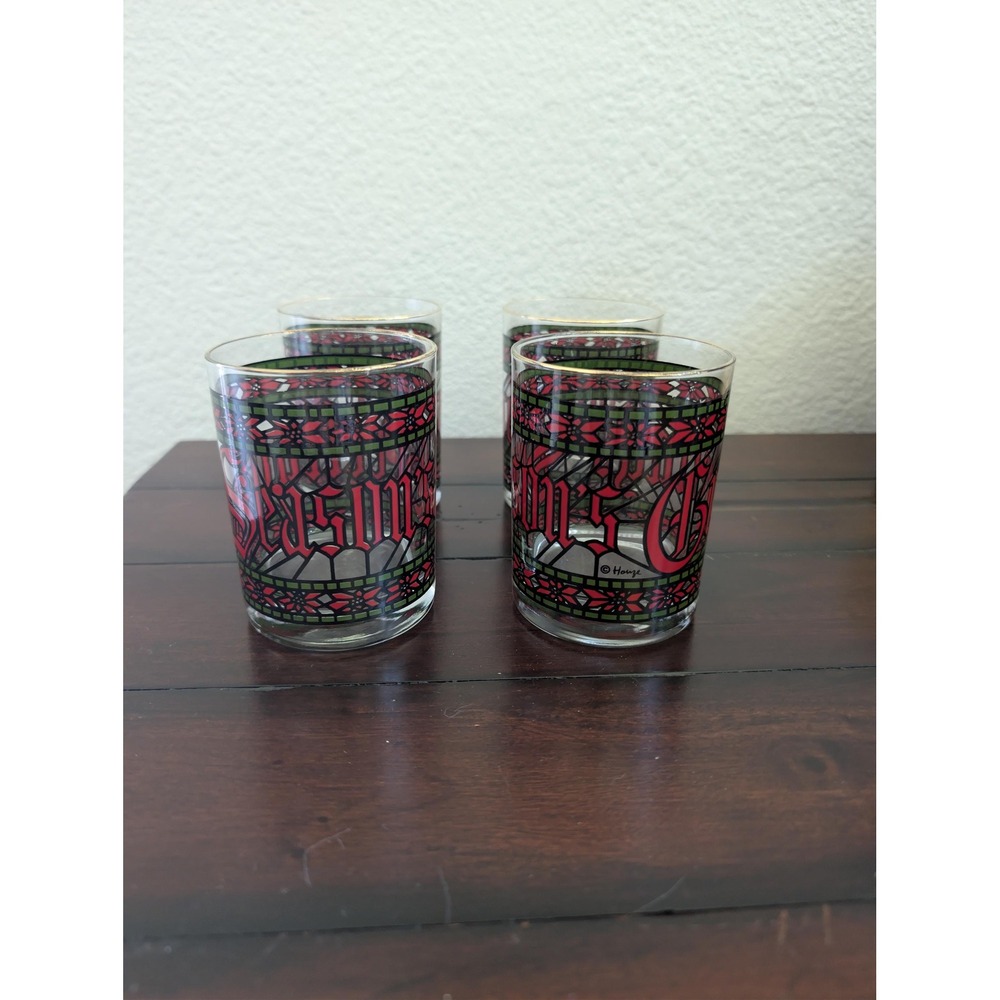 Vtg Houze Glass Stained Christmas‎ Seasons Greetings Lowball Glasses Set of 4
